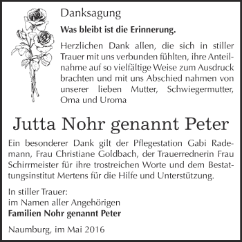 Traueranzeige von Jutta Nohr von WVG - Wochenspiegel NMB / WSF / ZTZ