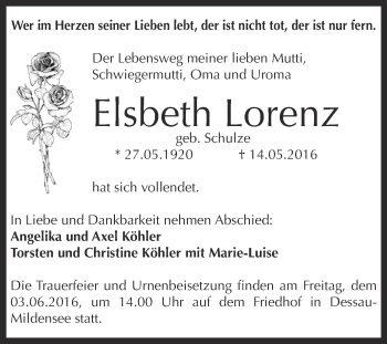 Traueranzeige von Elsbeth Lorenz von WVG - Wochenspiegel Dessau / Köthen