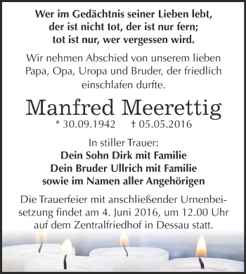 Traueranzeige von Manfred Meerettig von WVG - Wochenspiegel Dessau / Köthen