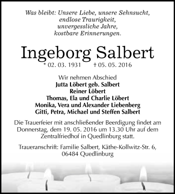Traueranzeige von Ingeborg Salbert von WVG - Wochenspiegel Quedlinburg