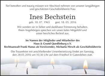 Traueranzeige von Ines Bechstein von Super Sonntag Quedlinburg