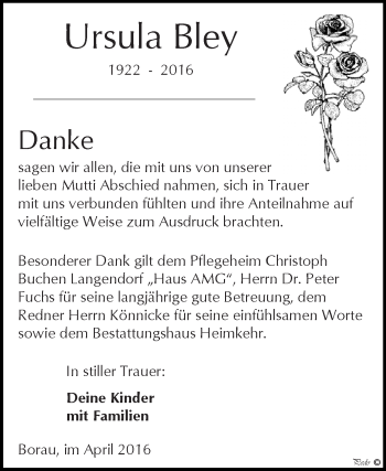 Traueranzeige von Ursula Bley von WVG - Wochenspiegel NMB / WSF / ZTZ