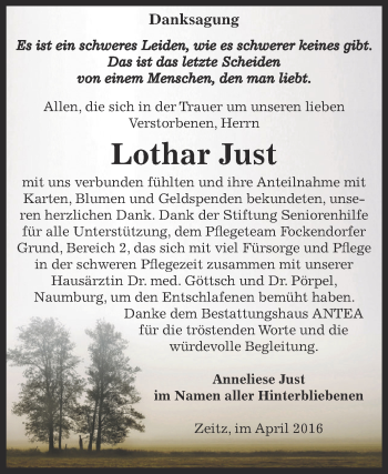 Traueranzeige von Lothar Just von Super Sonntag Zeitz