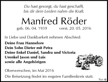 Traueranzeige von Manfred Röder von Mitteldeutsche Zeitung Weißenfels