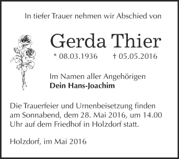 Traueranzeige von Gerda Thier von WVG - Wochenspiegel Wittenberg