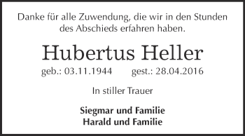 Traueranzeige von Hubertus Heller von Super Sonntag Wittenberg