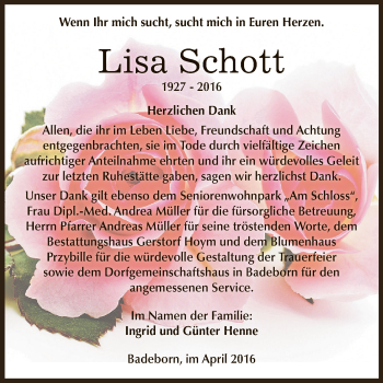 Traueranzeige von Lisa Schott von Super Sonntag Aschersleben