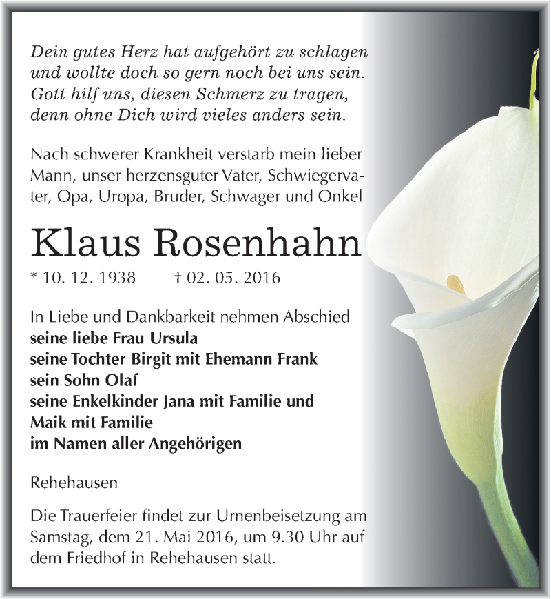  Traueranzeige für Klaus Rosenhahn vom 07.05.2016 aus Mitteldeutsche Zeitung Naumburg/Nebra