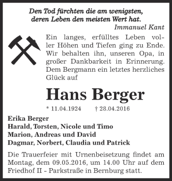 Traueranzeige von Hans Berger von Super Sonntag Bernburg