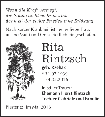 Traueranzeige von Rita Rintzsch von Super Sonntag Wittenberg
