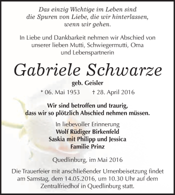 Traueranzeige von Gabriele Schwarze von WVG - Wochenspiegel Quedlinburg