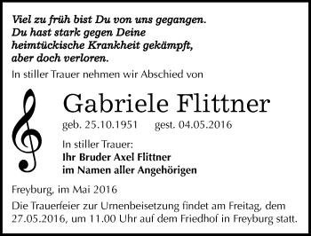 Traueranzeige von Gabriele Flittner von Mitteldeutsche Zeitung Naumburg/Nebra