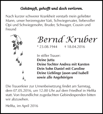 Traueranzeige von Bernd Kruber von Wochenspiegel Mansfelder Land