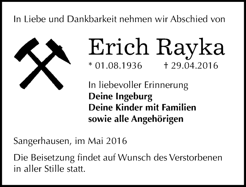  Traueranzeige für Erich Rayka vom 05.05.2016 aus Mitteldeutsche Zeitung Sangerhausen