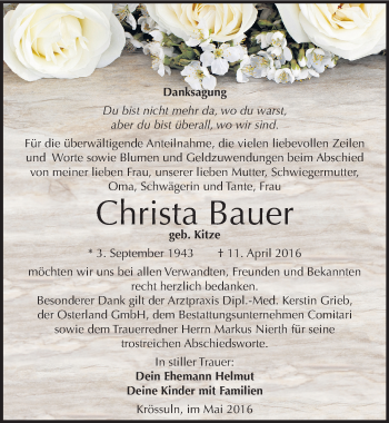 Traueranzeige von Christa Bauer von Mitteldeutsche Zeitung Weißenfels