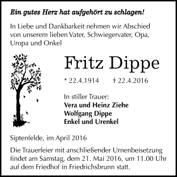 Traueranzeige von Fritz Dippe von WVG - Wochenspiegel Quedlinburg
