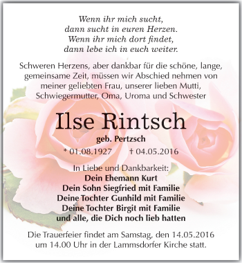 Traueranzeige von Ilse Rintsch von Mitteldeutsche Zeitung Wittenberg