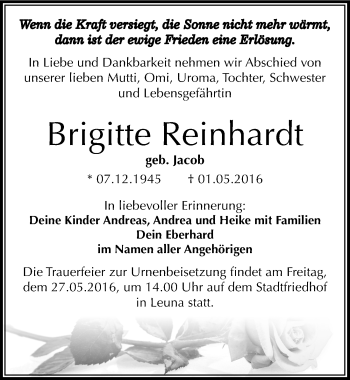 Traueranzeige von Brigitte Reinhardt von Mitteldeutsche Zeitung Merseburg/Querfurt