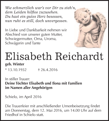Traueranzeige von Elisabeth Reichardt von WVG - Wochenspiegel Quedlinburg