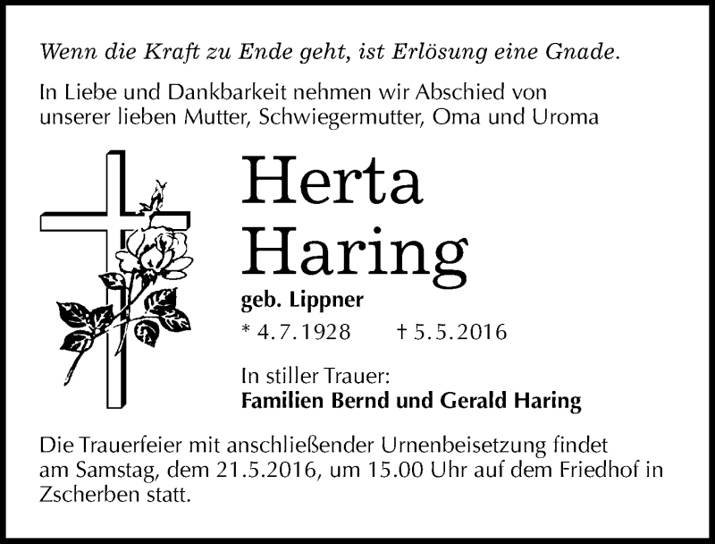  Traueranzeige für Herta Haring vom 11.05.2016 aus Mitteldeutsche Zeitung Halle/Saalkreis