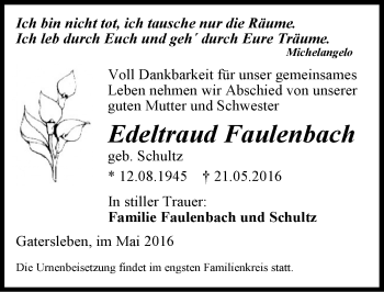 Traueranzeige von Edeltraud Faulenbach von Mitteldeutsche Zeitung Aschersleben