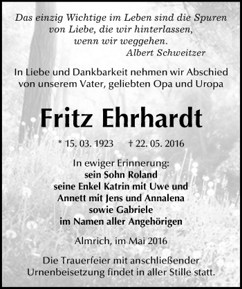 Traueranzeige von Fritz Ehrhardt von Mitteldeutsche Zeitung Naumburg/Nebra