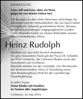 Traueranzeige von Heinz Rudolph von Mitteldeutsche Zeitung Weißenfels