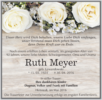 Traueranzeige von Ruth Meyer von Mitteldeutsche Zeitung Mansfelder Land