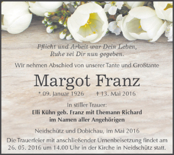 Traueranzeige von Margot Franz von WVG - Wochenspiegel NMB / WSF / ZTZ