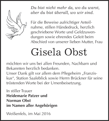 Traueranzeige von Gisela Obst von WVG - Wochenspiegel NMB / WSF / ZTZ
