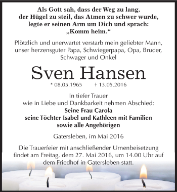 Traueranzeige von Sven Hansen von Mitteldeutsche Zeitung Aschersleben
