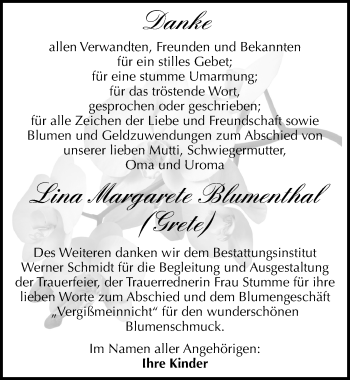 Traueranzeige von Lina Margarete Blumenthal von Mitteldeutsche Zeitung Quedlinburg