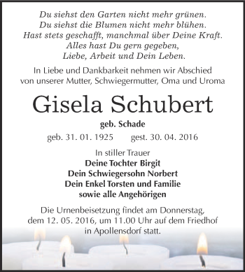 Traueranzeige von Gisela Schubert von WVG - Wochenspiegel Wittenberg