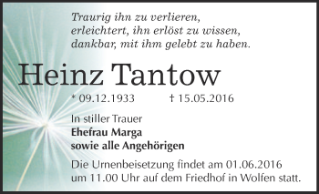Traueranzeige von Heinz Tantow von WVG - Wochenspiegel Bitterfeld