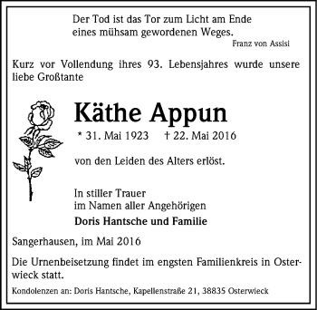 Traueranzeige von Käthe Appun von Mitteldeutsche Zeitung Sangerhausen