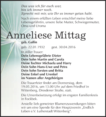 Traueranzeige von Anneliese Mittag von WVG - Wochenspiegel Wittenberg