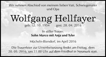 Traueranzeige von Wolfgang Hellfayer von Mitteldeutsche Zeitung Merseburg/Querfurt
