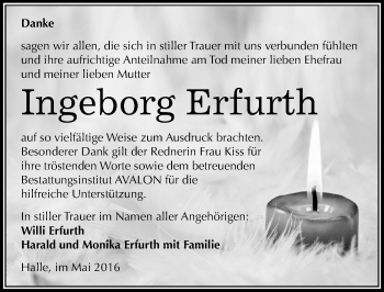 Traueranzeige von Ingeborg Erfurth von Mitteldeutsche Zeitung Halle/Saalkreis