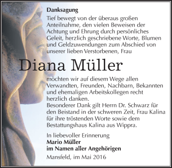 Traueranzeige von Diana Müller von Mitteldeutsche Zeitung Mansfelder Land
