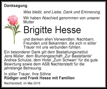Traueranzeige von Brigitte Hesse von Super Sonntag Aschersleben