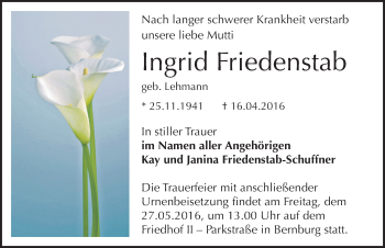Traueranzeige von Ingrid Friedenstab von Mitteldeutsche Zeitung Bernburg