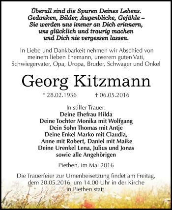 Traueranzeige von Georg Kitzmann von WVG - Wochenspiegel Dessau / Köthen