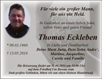 Traueranzeige von Thomas Eckleben von WVG - Wochenspiegel Dessau / Köthen