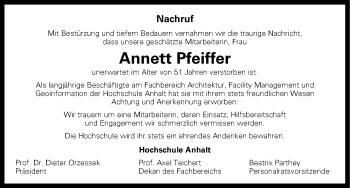Traueranzeige von Annett Pfeiffer von Mitteldeutsche Zeitung Dessau-Roßlau