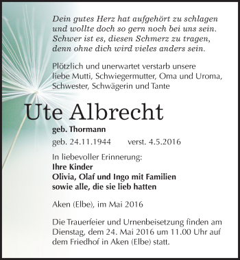 Traueranzeige von Ute Albrecht von Mitteldeutsche Zeitung Köthen