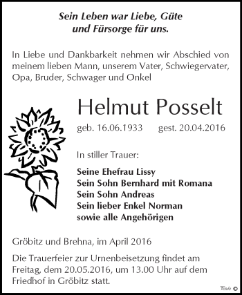 Traueranzeige von Helmut Posselt von WVG - Wochenspiegel NMB / WSF / ZTZ