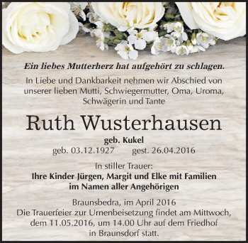 Traueranzeige von Ruth Wusterhausen von Mitteldeutsche Zeitung Merseburg/Querfurt