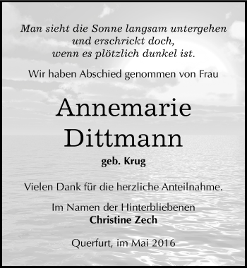 Traueranzeige von Annemarie Dittmann von Mitteldeutsche Zeitung Merseburg/Querfurt