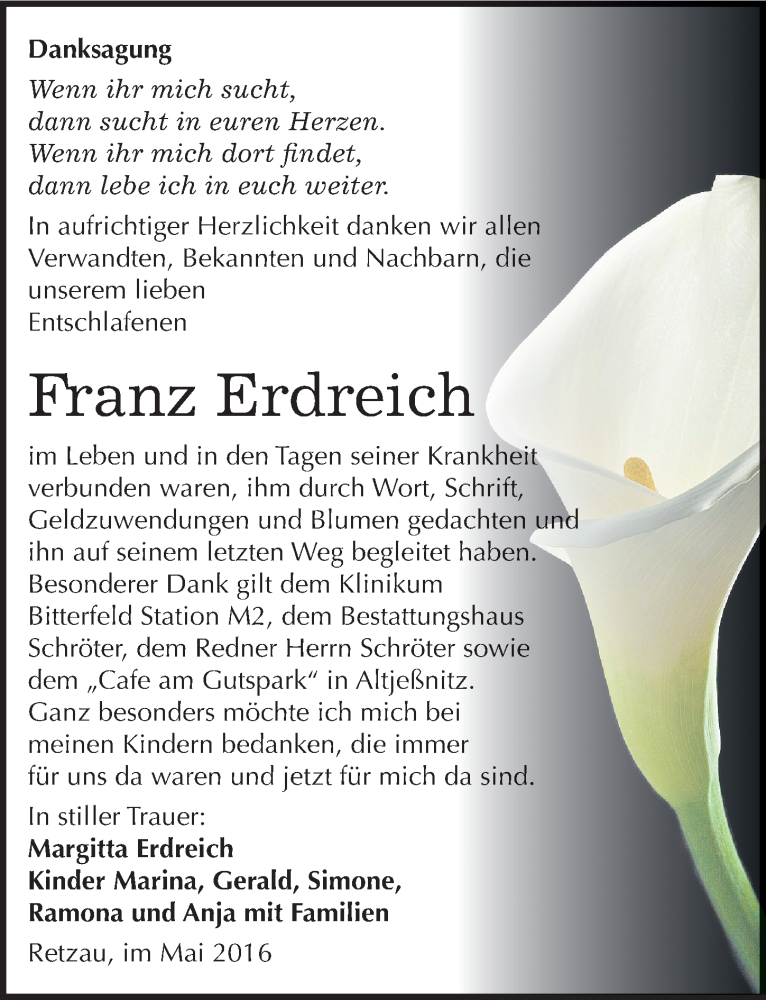  Traueranzeige für Franz Erdreich vom 21.05.2016 aus Mitteldeutsche Zeitung Bitterfeld