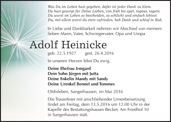 Traueranzeige von Adolf Heinicke von Mitteldeutsche Zeitung Sangerhausen